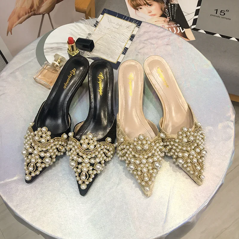 Pearl Luxury Designer High Heels Slippers Women Elegant Office Thin Heels Slides Female Pointed Toe Slingback Sandals Women