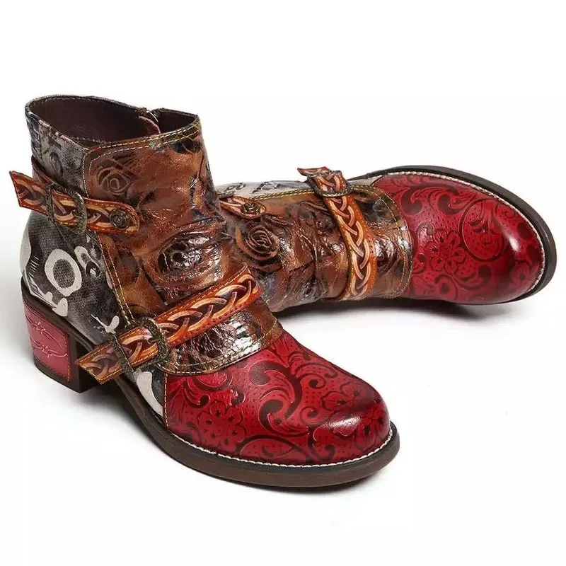 Women Ankle Boots Fashion Vintage Splicing Printed PU Leather Retro Block High Heels Zipper Big Size