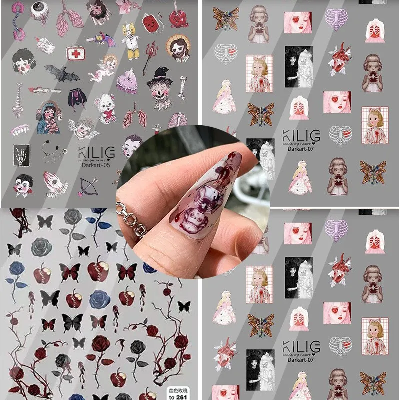 

1Pcs Dark Style Scarlet Rose Nail Stickers 3D Adhesive Slider Halloween Manicure Decal Decorations Gift