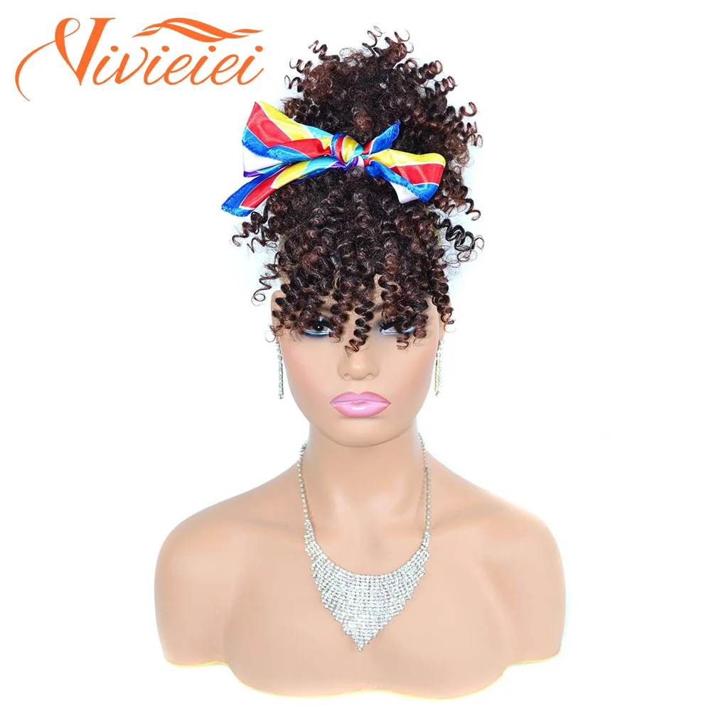

VIVIEIEI High Afro Puff Bun Drawstring Ponytail with Bangs for Black Women Short Afro Kinky Curly Ponytail Clip in HairExtension