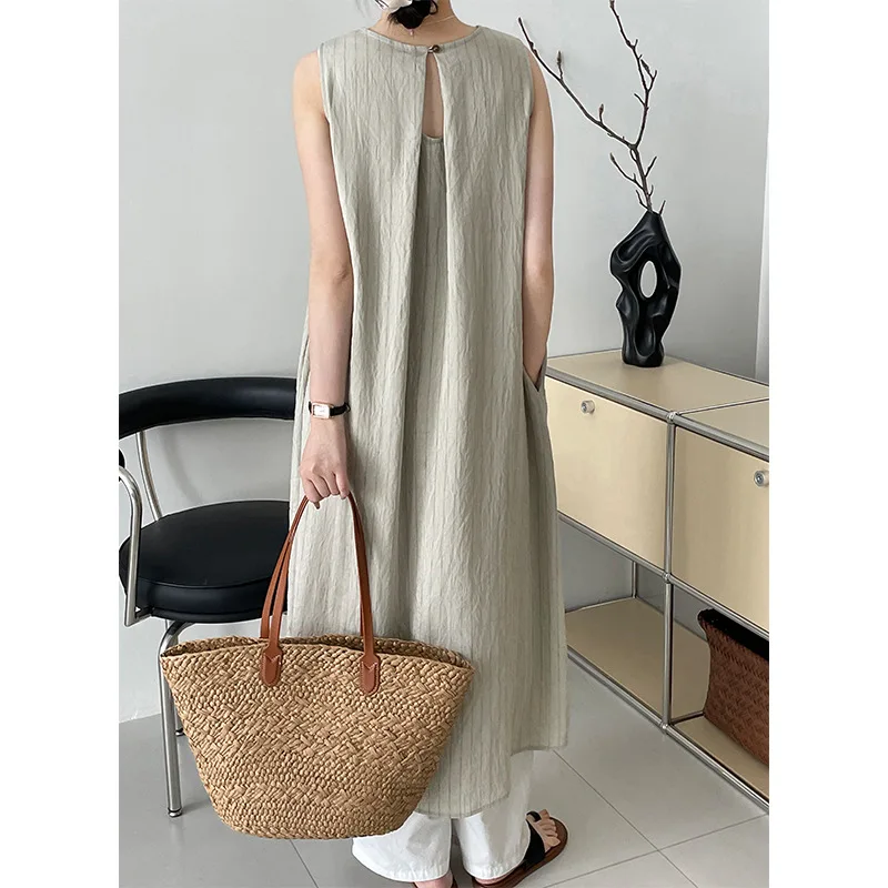 

Texture Striped Tank Dress Women's Loose Sleeveless Long Dress