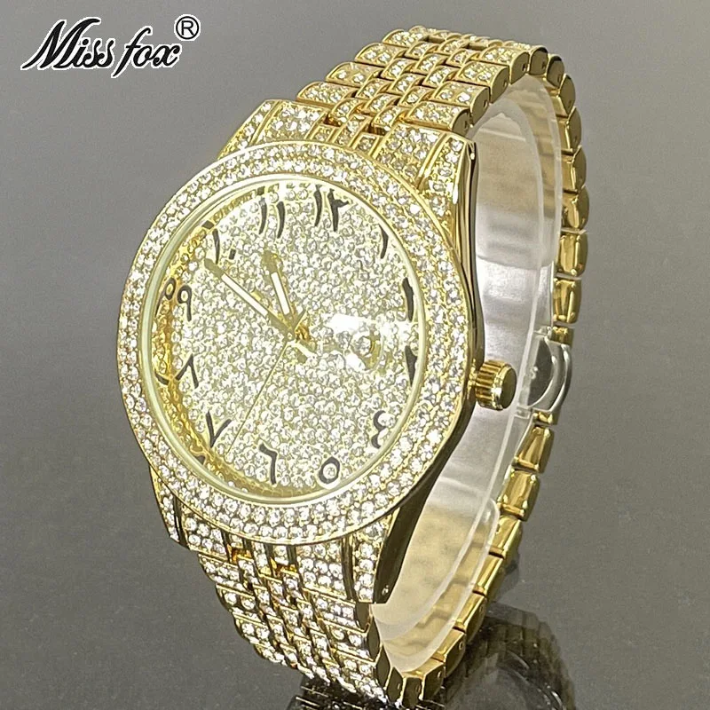 Hip Hop Brand MISSFOX Gold Men Watches Luxury Iced Out Diamond Clocks Male Full Steel Automatic Date Fashion Digital Watch 2022 luxury automatic mechanical watch men hip hop brand missfox steel full iced diamond jewelry gold wristwatch fashion man 2023 new