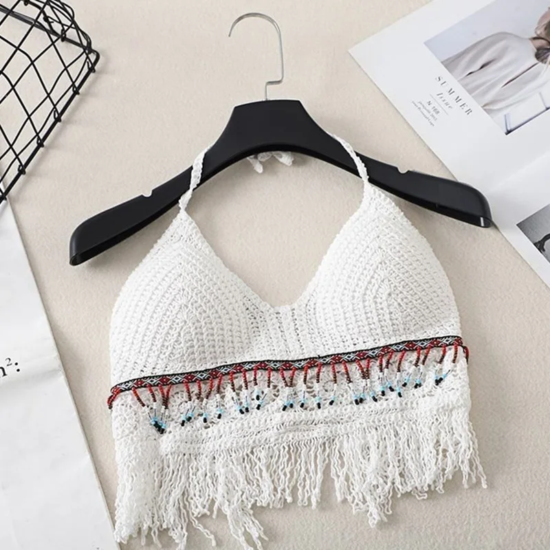Swimsuit Bra Beach Suit Sexy Boho Women Crochet Knit Camisole Halter Backless Vest Hollow Tassel Tank Top Crop Tops