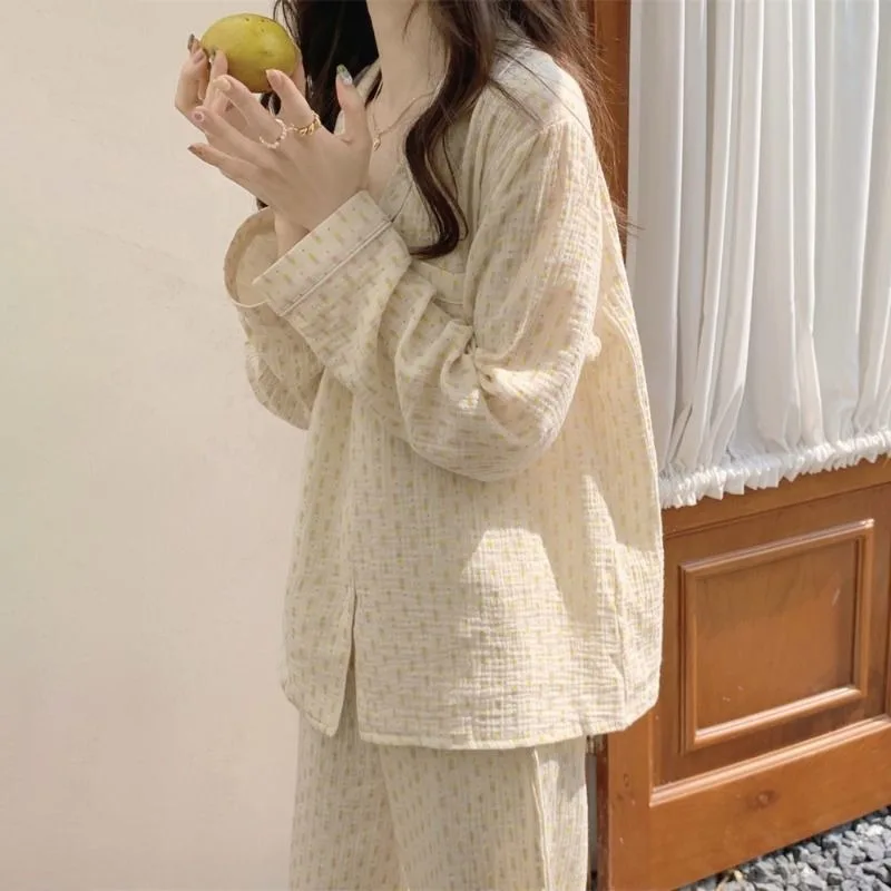 2023 New Simple Long Sleeve Pajamas Women's Autumn Girls Loungewear V-neck Long Pants Sleepwear Falbala Loose Homewear Set