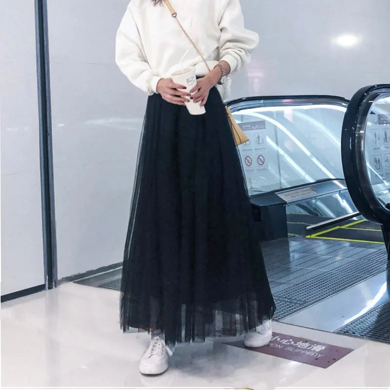 

Vintage Tulle Skirt Women Elastic High Waist 3 Layers A-line Pleated Mesh Skirt Long Bride Tutu Skirts Female Jupe Longue