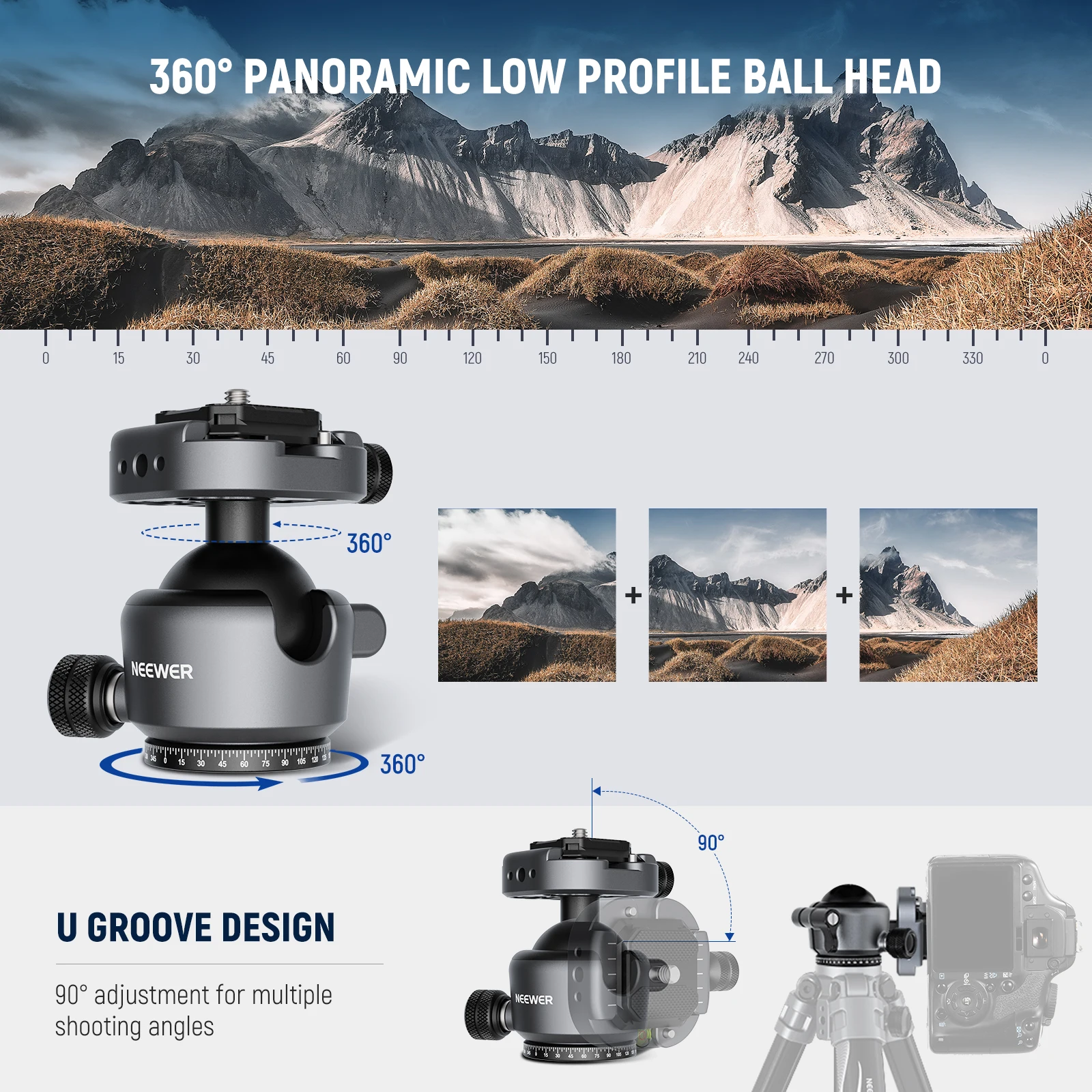 NEEWER GM41 Low Profile Tripod Ball Head 40mm Metal Panoramic Camera Mount Adapter with 1/4" Arca Plate For Peak Capture Camera