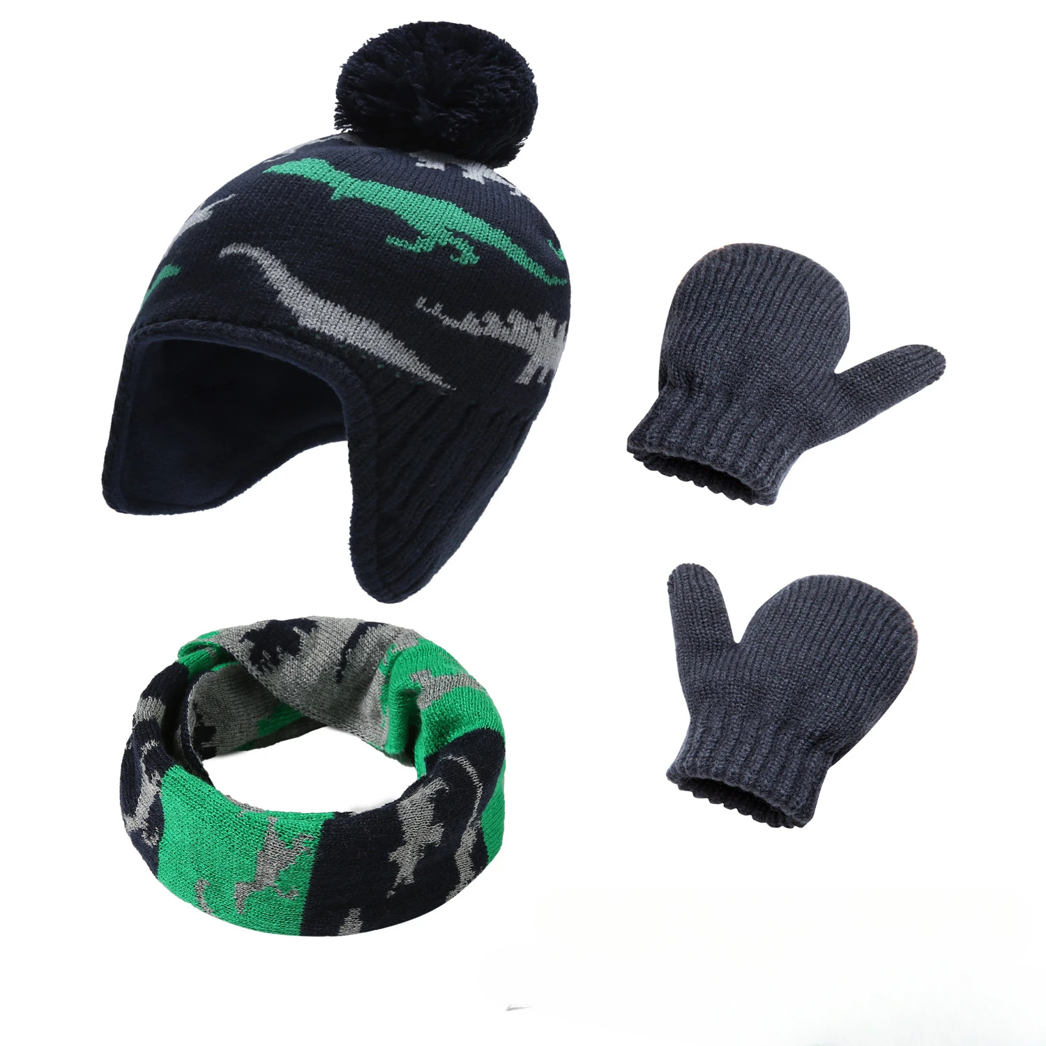 Popular Autumn and Winter Cartoon Cute Dinosaur Hat Bag Cover Children's Knitted Hat Gloves Scarf 3-piece Set