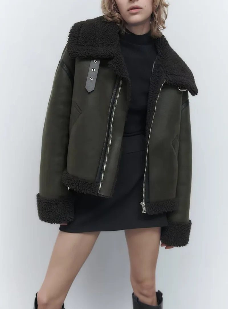 Winter Women Faux Suede Leather Short Jackets 2022 Turn Down Collar