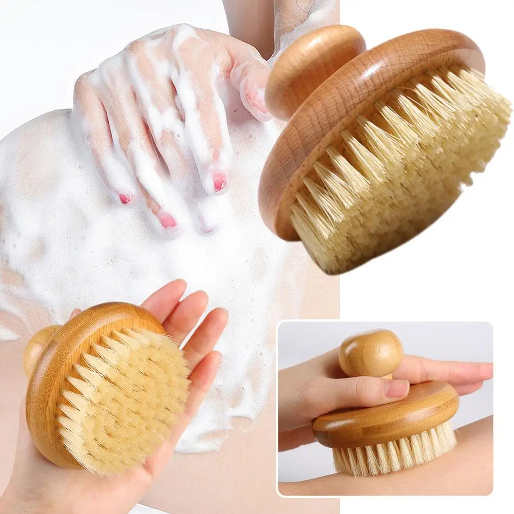 

New Round Bath Shower Body Exfoliating Brush Natural Skin Dead Scrubber Handle Massage Beech Remover Wood Back Tool U2B5