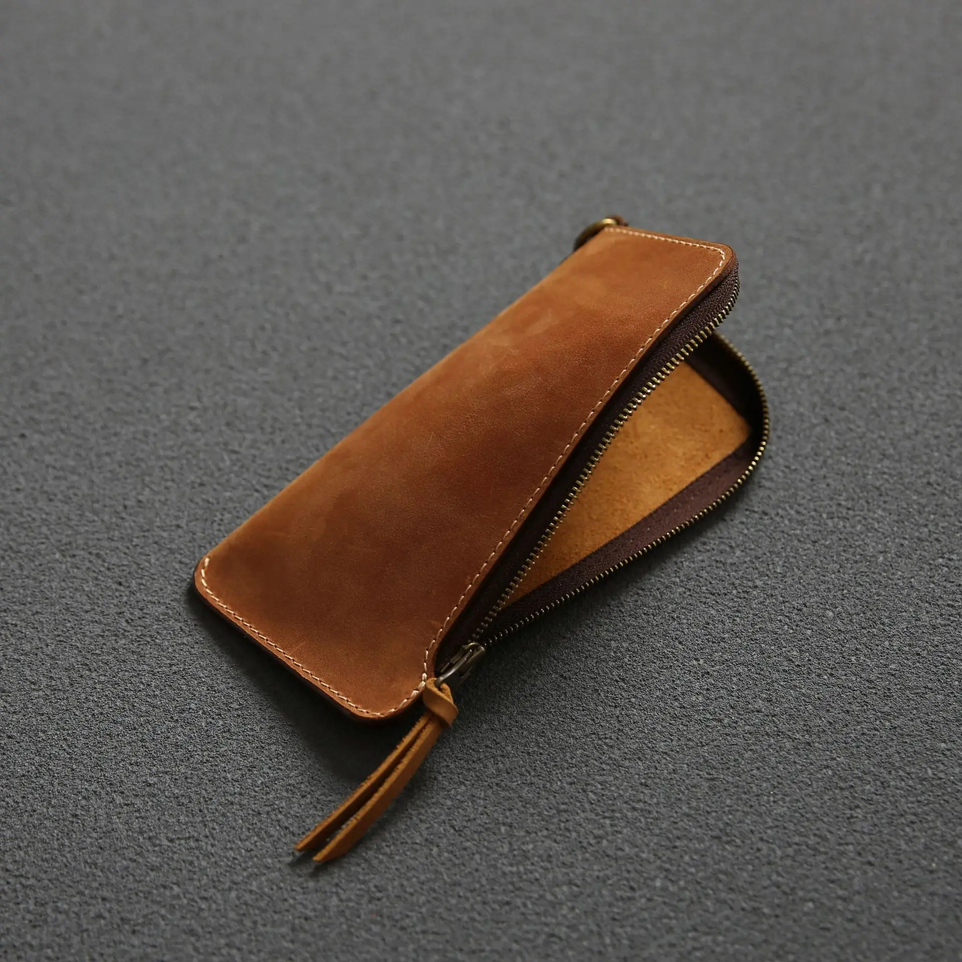 Handmade vintage long wallet leather mens zipper clutch wallet for men