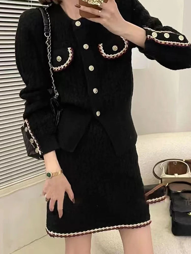 Women  Autumn Winter New Red Knitted 2 Piece Sets Office Lady Long Sleeve Knitted Cardigan Sweater High Waist Skirt Suit Women\'s