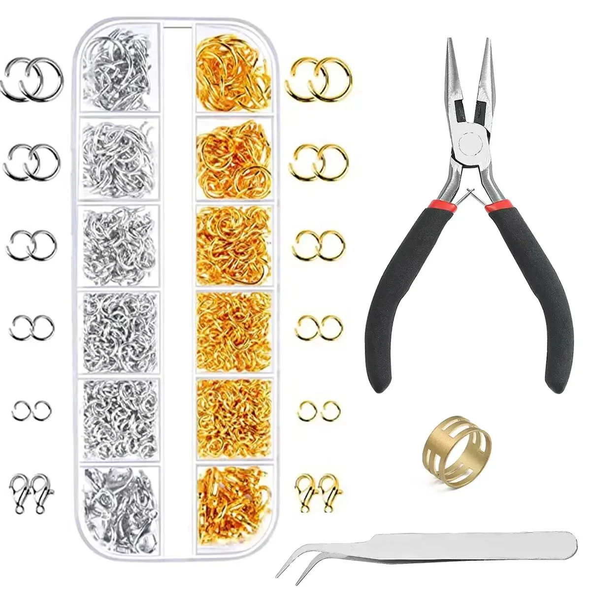 Gold and Silver Jewelry Accessory Kit with Jump Rings, Lobster Clasps, and Pliers