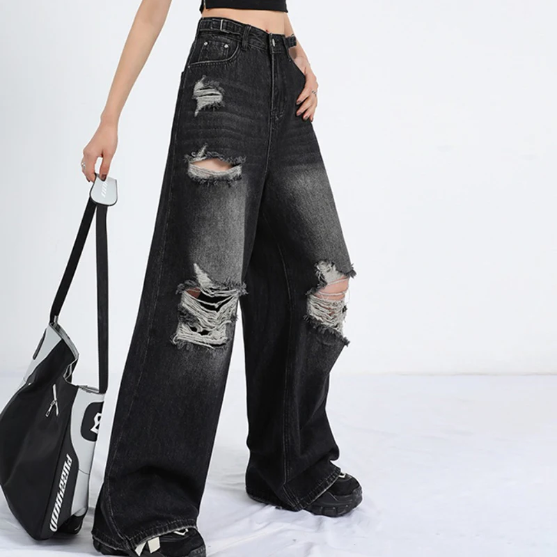 

Women's Ripped Jeans Y2K High Street Boyfriend Pants Retro Washed Black Straight Leg Jeans 2024 Street Fashion