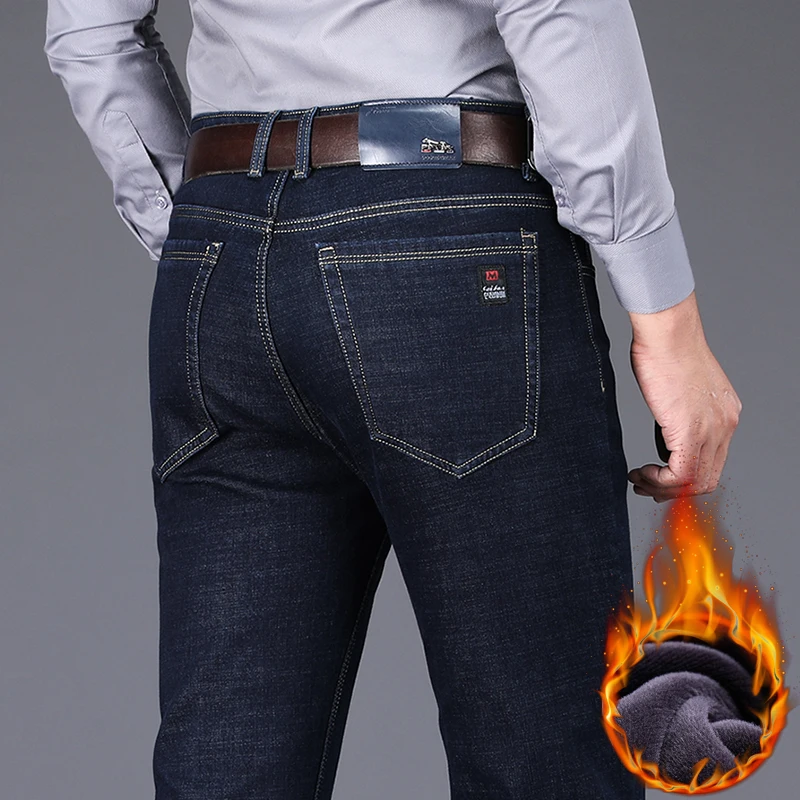 2024 Winter New Men's Warm Slim Fit Jeans Business Fashion Thicken Denim Trousers Fleece Stretch Brand Pants Black Blue 1