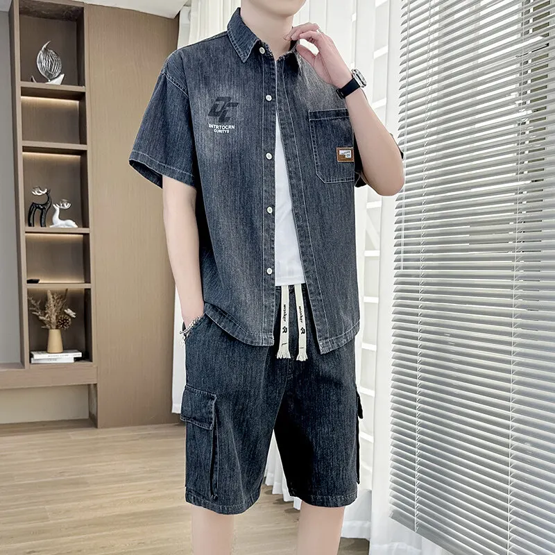 Short Sleeve Denim Shirts Jacket&Shorts 2025 Summer Casual Jean Men's Sets Clothing Streetwear Top Tee-Shirt Coat&Pant Tracksuit