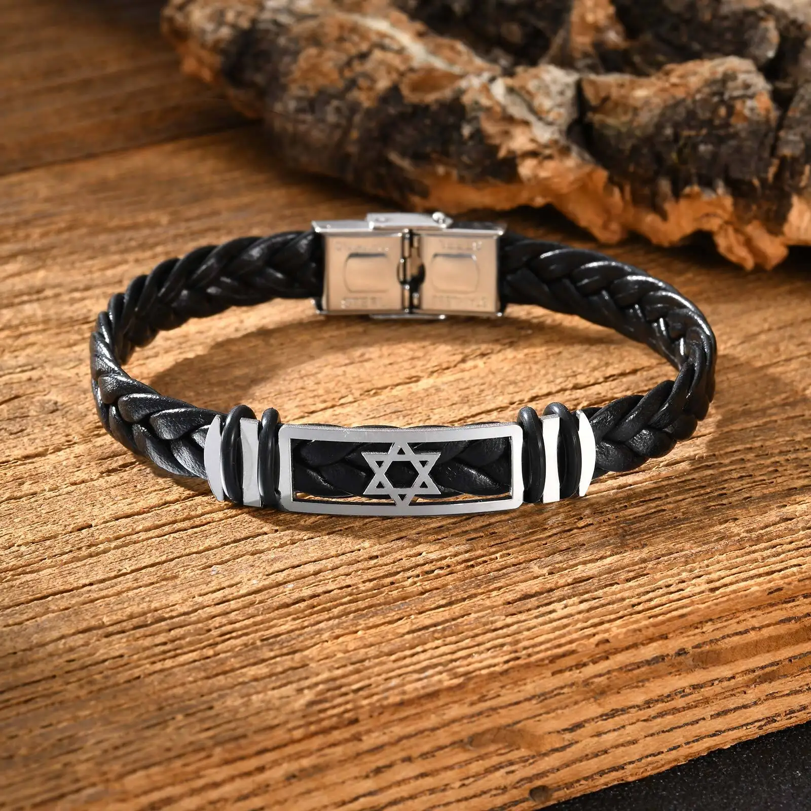 Hexagonal Star Leather Bracelet for Men,Black PU Woven Leather Wristband,Trendy Jewelry Gift