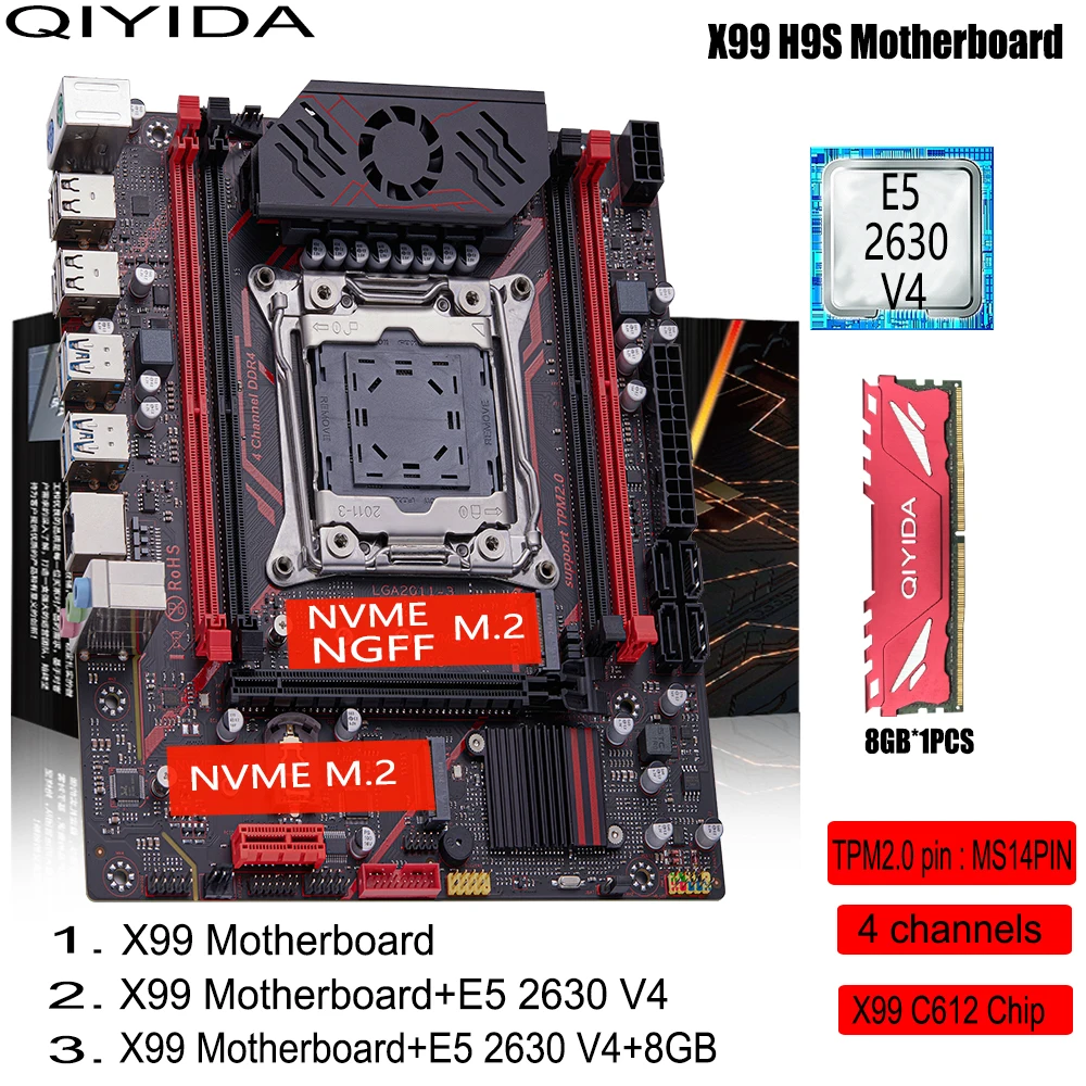 QIYIDA X99 H9S Motherboard Set Kit With LGA2011-3 Xeon E5 2630 V4 CPU DDR4 8GB memory NVME M.2 TPM 2.0 Interface SATA3