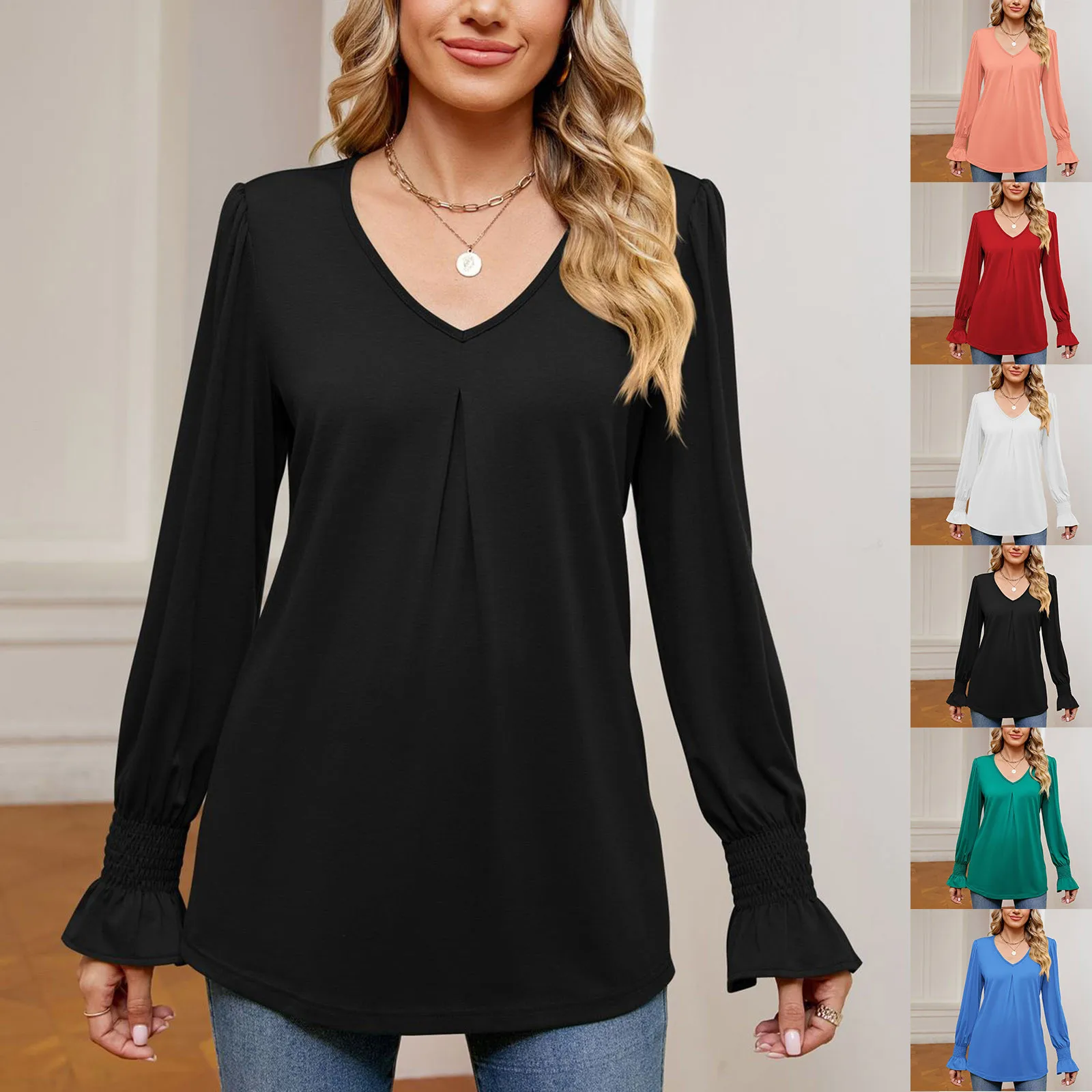 

Women's Casual Solid Color V Neck Full Sleeve Shirts Smocked Long Sleeves Dressy Casual Tops Autumn Elegant Peplum Work Blouse
