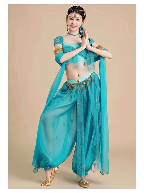 iiniim 4Pcs Vêtements Costume Danse du Ventre Indienne Orientale Femme Déguisements Princesse Cosplay Tenue Soirée Performance Spectacle Blanc Taille Unique