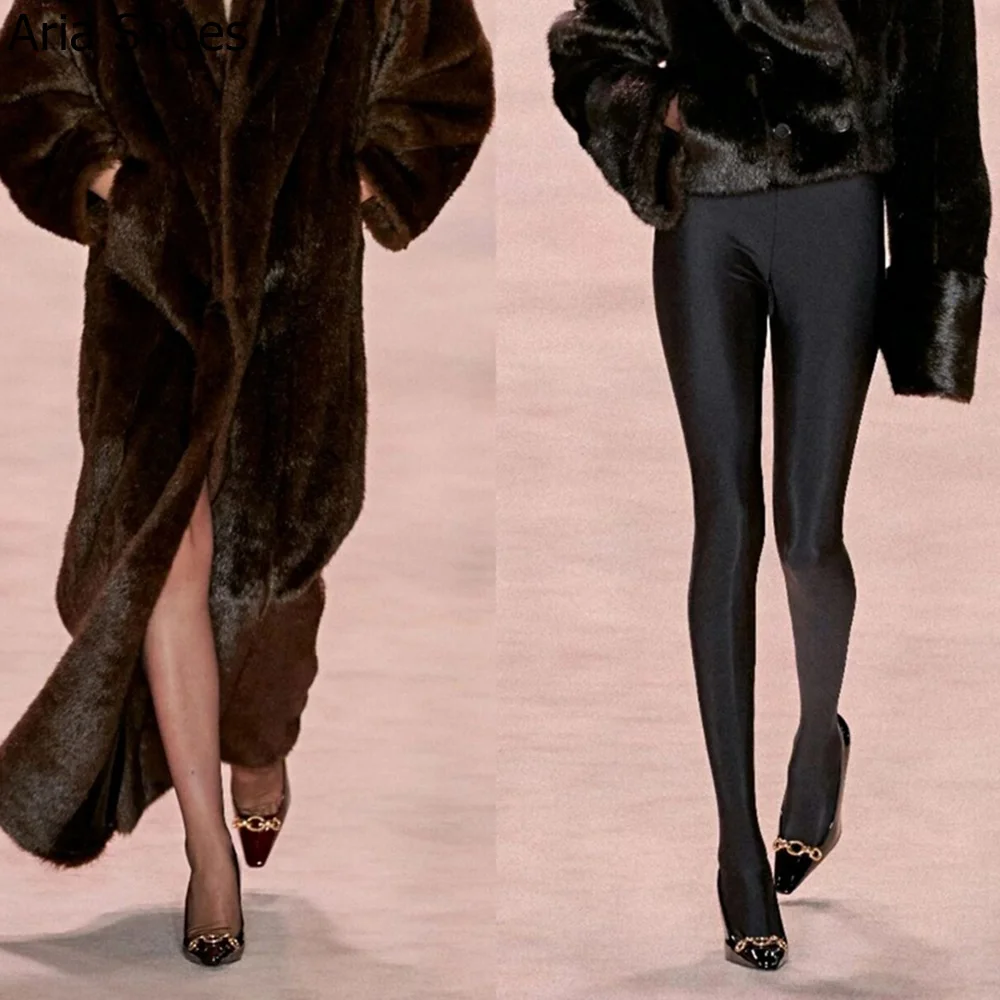 2024 New Summer Black High Heels Women's French Design Elegant 10Cm Stiletto Pumps Slip On Leather Pointed Toe Metal Buckle Shoe