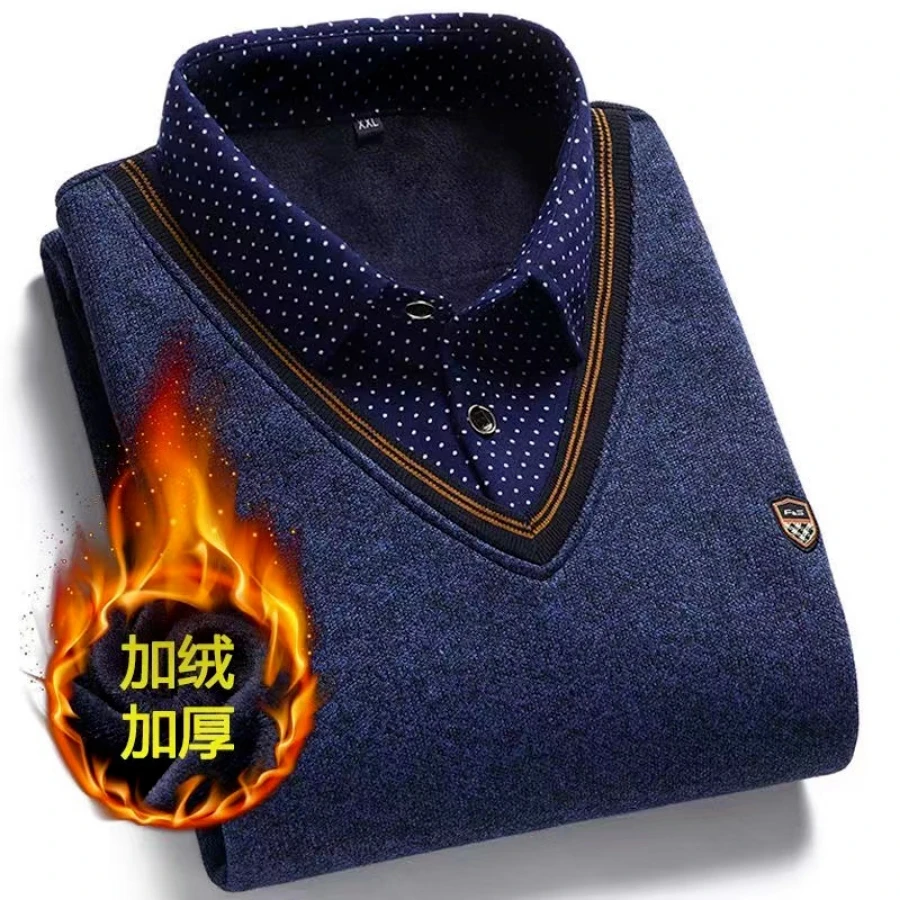 Turtleneck Sweater Men's Fake Two Piece Knitted Pullover with Plush Polo Collar Warm Top