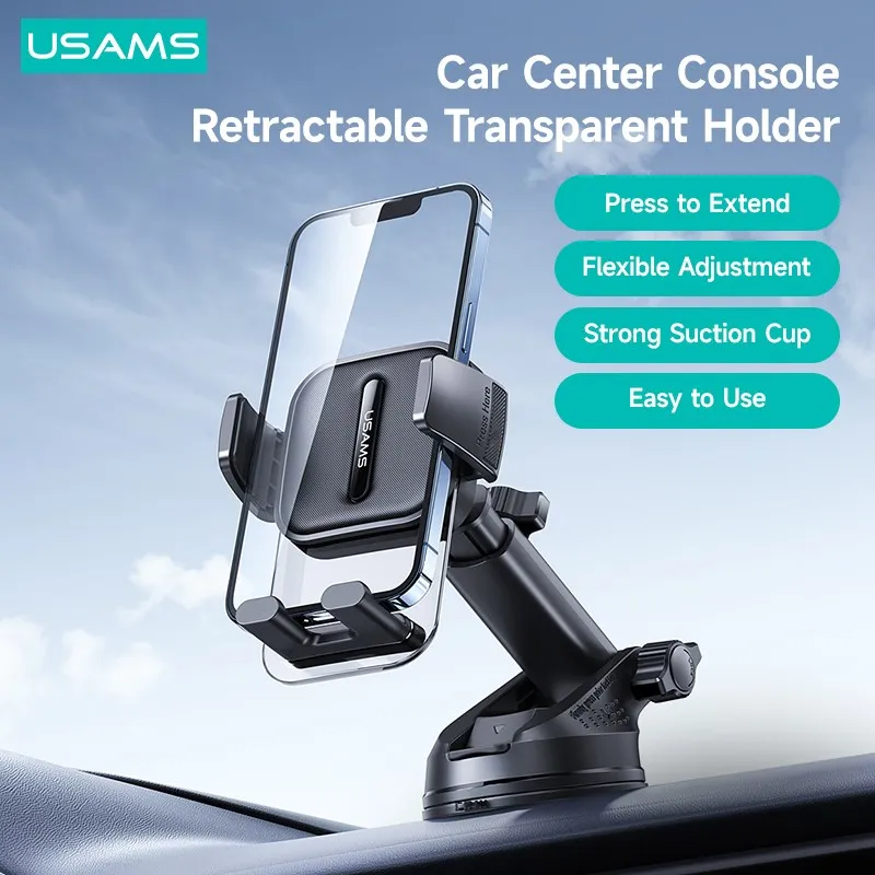 

USAMS Car Center Console Retractable Transparent Holder Car Bracket Phone Stand For iPhone 14 13 12 11 Xiaomi Huawei Phone