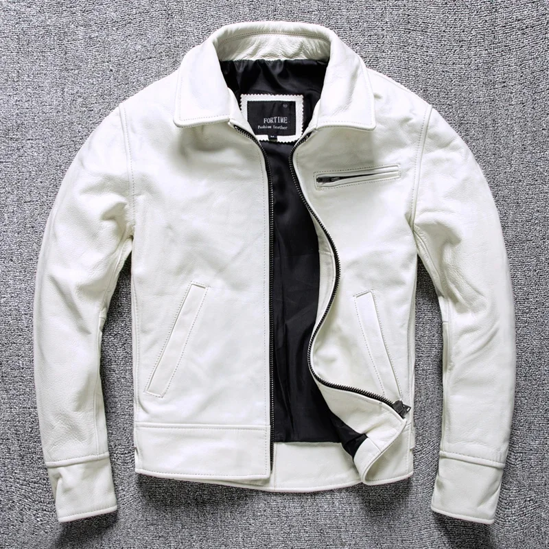 

Casual White Genuine Leather Jacket Men Fashion Real Cowhide Vintage Motorcycle Biker Coat Spring Autumn 2024 New