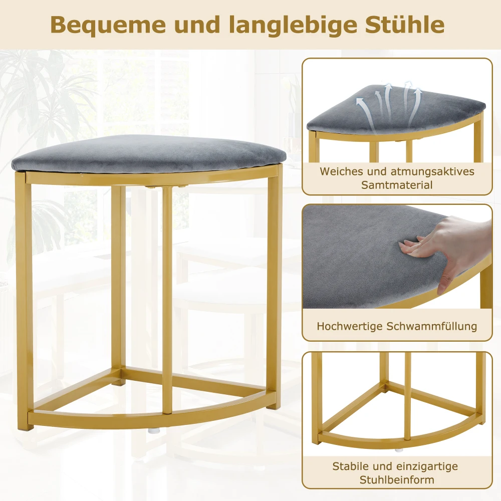 Moderner Luxustisch und Stühle, bestehend aus 1 Esstisch-Set und 4 Stühlen, Essgruppe mit MDF-Tischplatte und vergoldetem Eisenrahmen – Detail 14