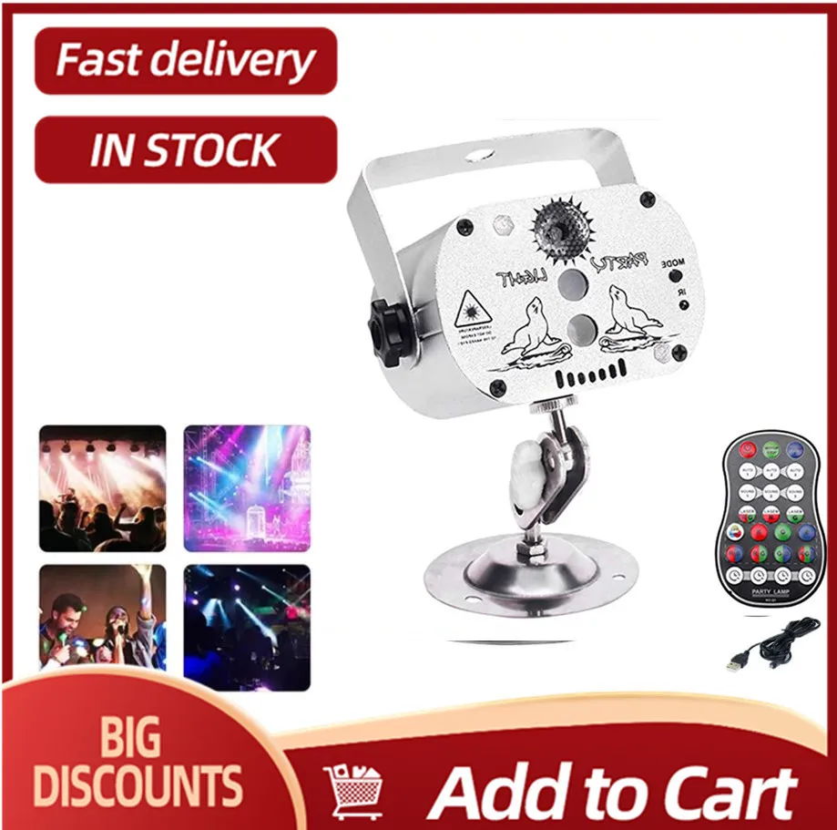 

USB Rechargeable Stage Lighting Effect Remote Controller RGB Laser+RGB+UV LED 6-Hole Auto Sound Control for DJ Club Party Car