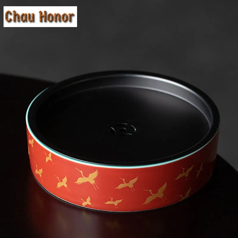 230ml Palace Red Glaze Crane Art Teapot Holder Household Ceramic Tea Pot Base Chinese Gaiwan Tray Kung Fu Tea Dry Brewing Table