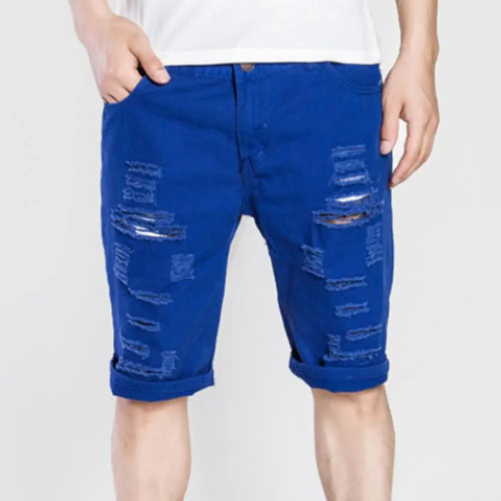 New Denim Shorts Men Knee Length Fashion Jeans Casual Hole Slim Male Short Pants Streetwear