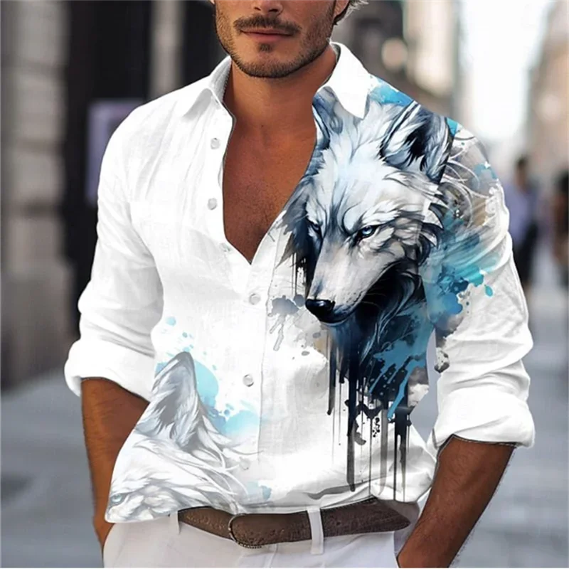 

Модная мужская Повседневная рубашка с абстрактным волком, тигром, отложным воротником, длинным рукавом, четырехсторонняя стрейчевая ткань, мужские топы, рубашка