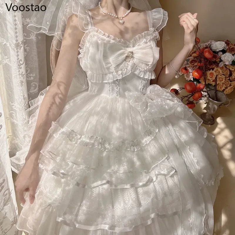 Sweet Lolita Princess Dress Vintage Victorian Women Elegant Ruffles Pearl Bow Party Tiered Dresses Girly Kawaii Wedding Vestidos lolita dress lolita suspender dress lolita cosplay costumes suspender dress lolita skirt lolita blouses