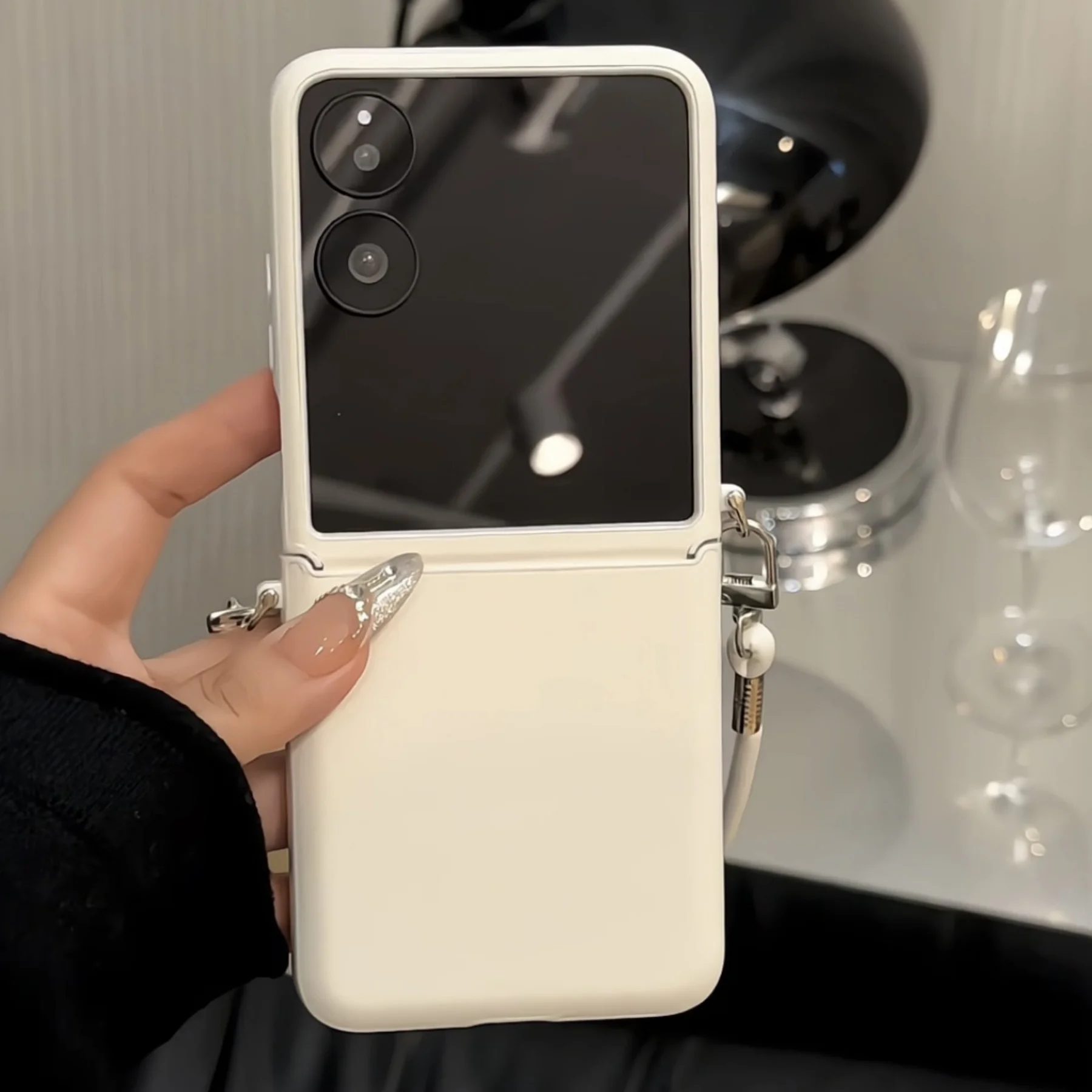 Korean Fresh Pink and White Phone Case with Leather Rope