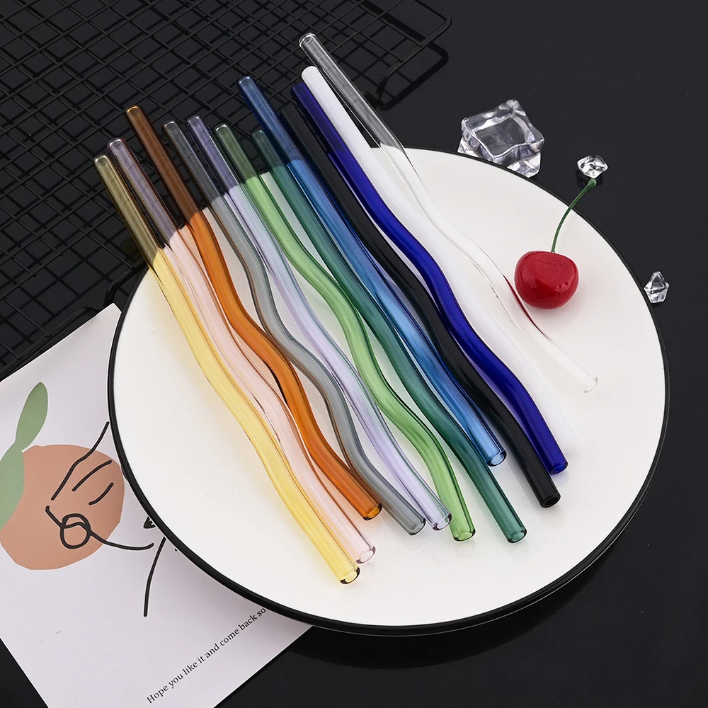 Eco-Friendly Colorful Wavy Reusable Glass Drinking Straws Set - 5 Piece Collection