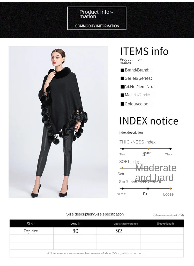 Kvinder Cashmere Feel Poncho Lady Rex Rabbit Faux Fur Collar Pullover Coat Efterår Varm Kappe med Kaninhårbold Strikket Sjal_voghion.com