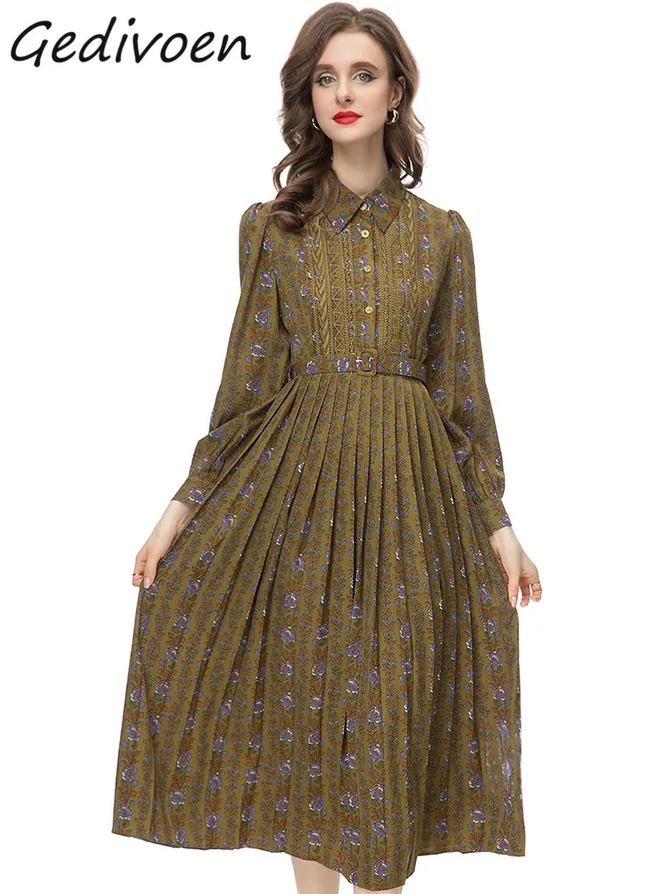 

Gedivoen Spring Fashion Designer Vintage Print Pleated Dress Women Lapel Button Embroidery Sashes Gathered Waist Slim Long Dress