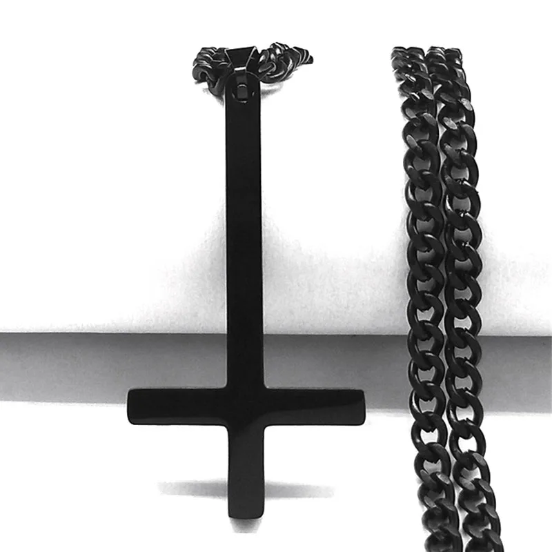Stainless Steel Gothic Upside Down Cross Necklace Man Black Punk