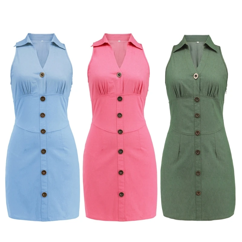 Womens Summer Sleeveless Lapel V Neck Button Up Denim Short Dress Solid ...