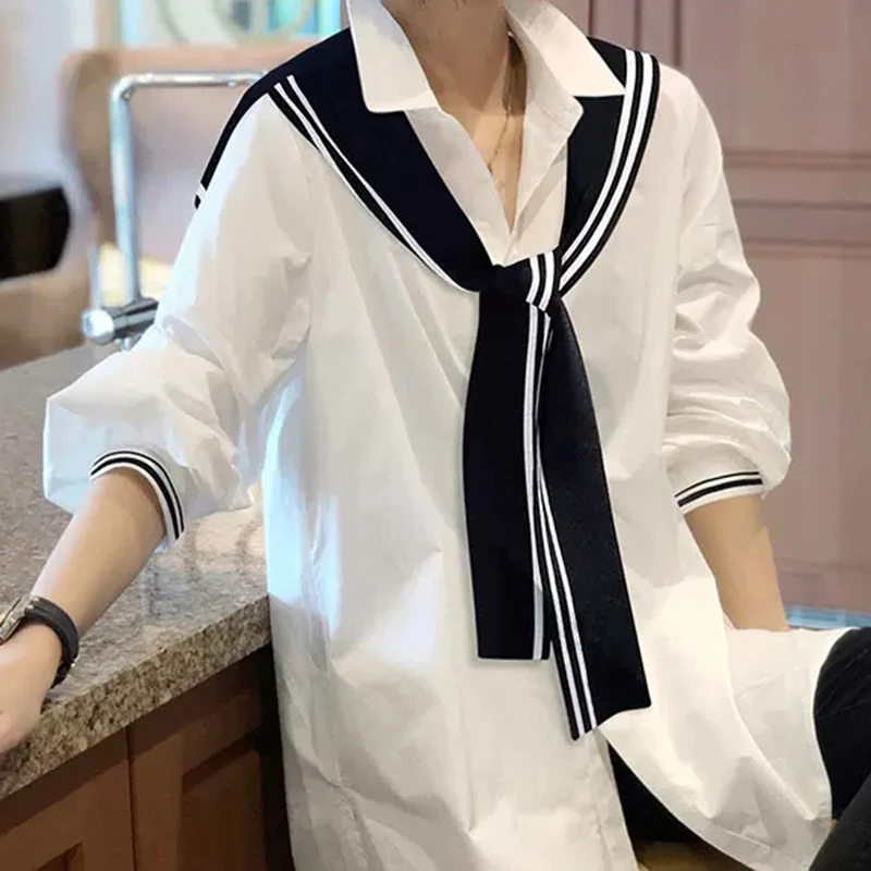 

Fake 2 Pieces White Women Shirts Summer New 2023 Long-Sleeved Casual Vintage Women Tops