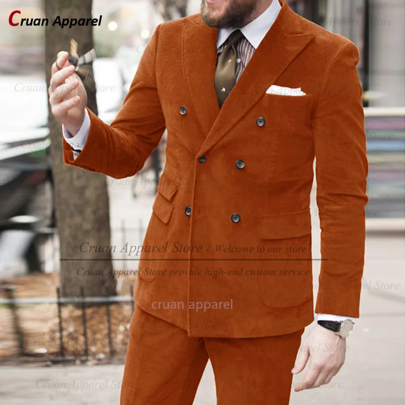 Description Picture 5 of itemCorduroy Suits for Men Two Pieces Business Prom Tuxedos Tailor-made Vintage Wedding Double Breasted Suit Jacket Pants Set