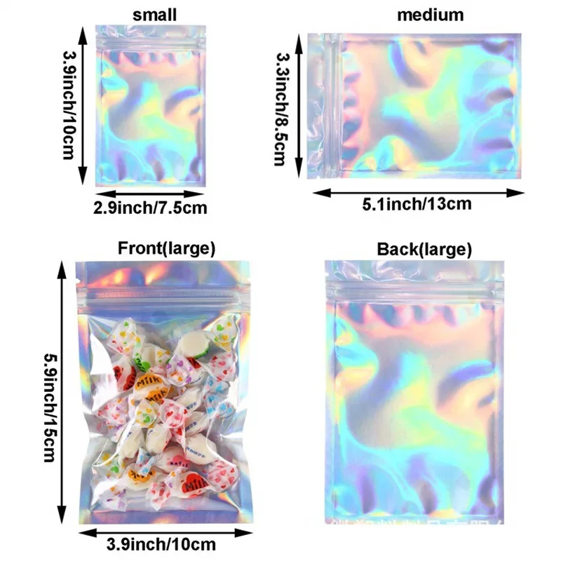 200 Pcs Multicolour Holographic Bags Zip Lock Bag Seal Laser Candy Plastic Storage Bags Smell Proof Jewelry Gift Packaging 4