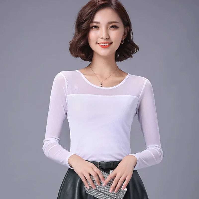 Autumn Winter Black White Bottoming Shirt Round Neck Solid Mesh T