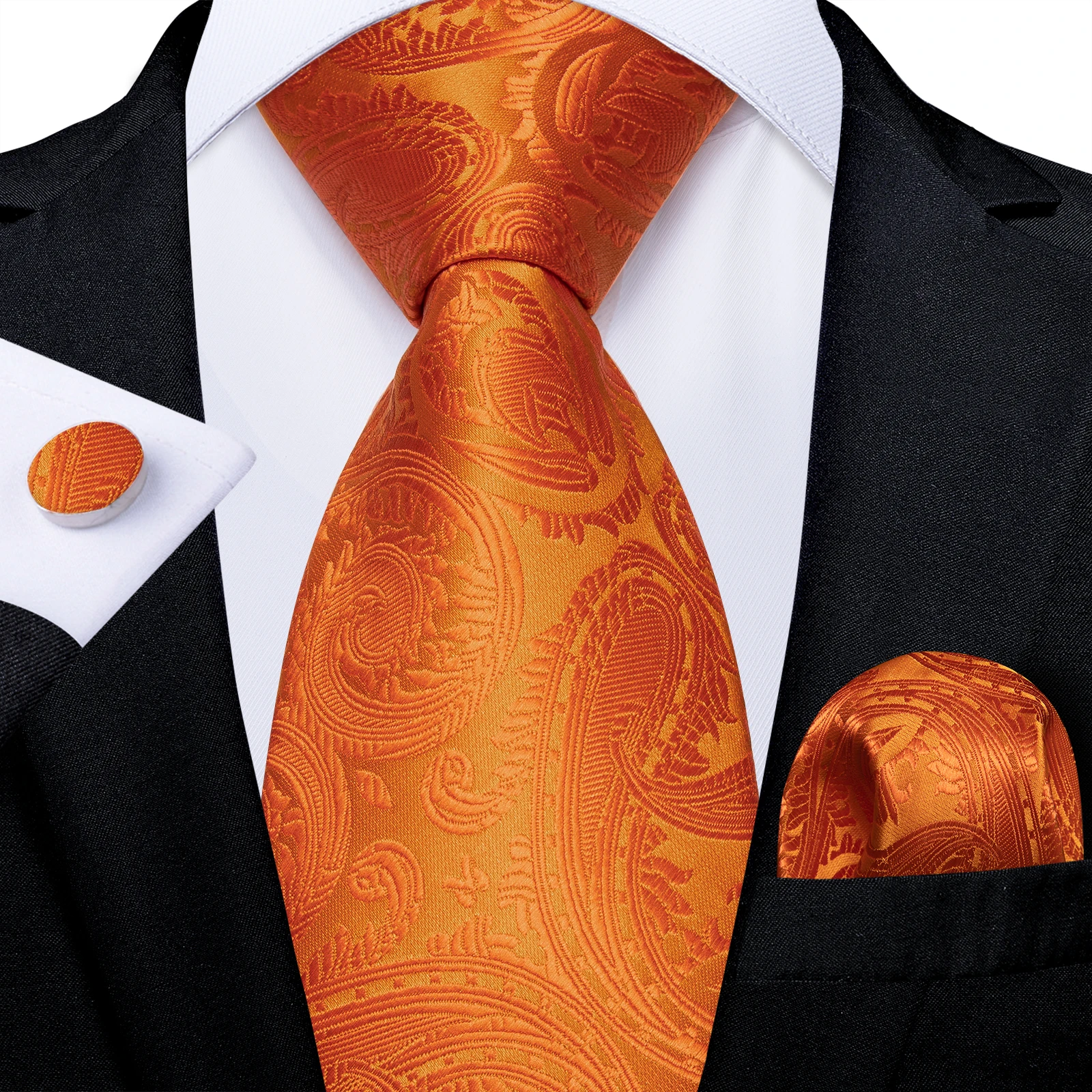 8cm Orange Paisley Silk Ties for Men Pocket Square Cufflinks 150cm Length Business Wedding Party Neck Tie Accessories