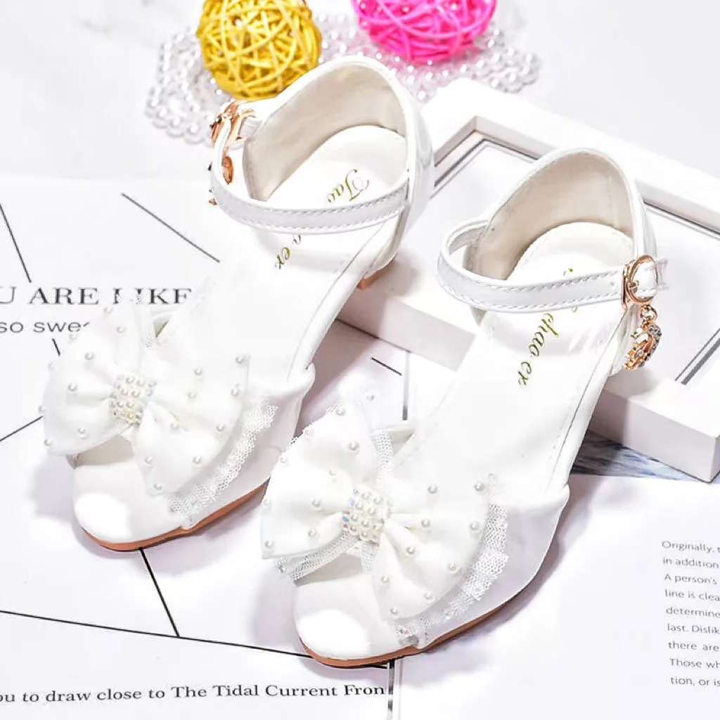 Sweet Lace Bowknot Children\'s Princess Shoes Girls Sandals Pearl Kids High Heels Pink White Student Performance Shoes Giày Utune