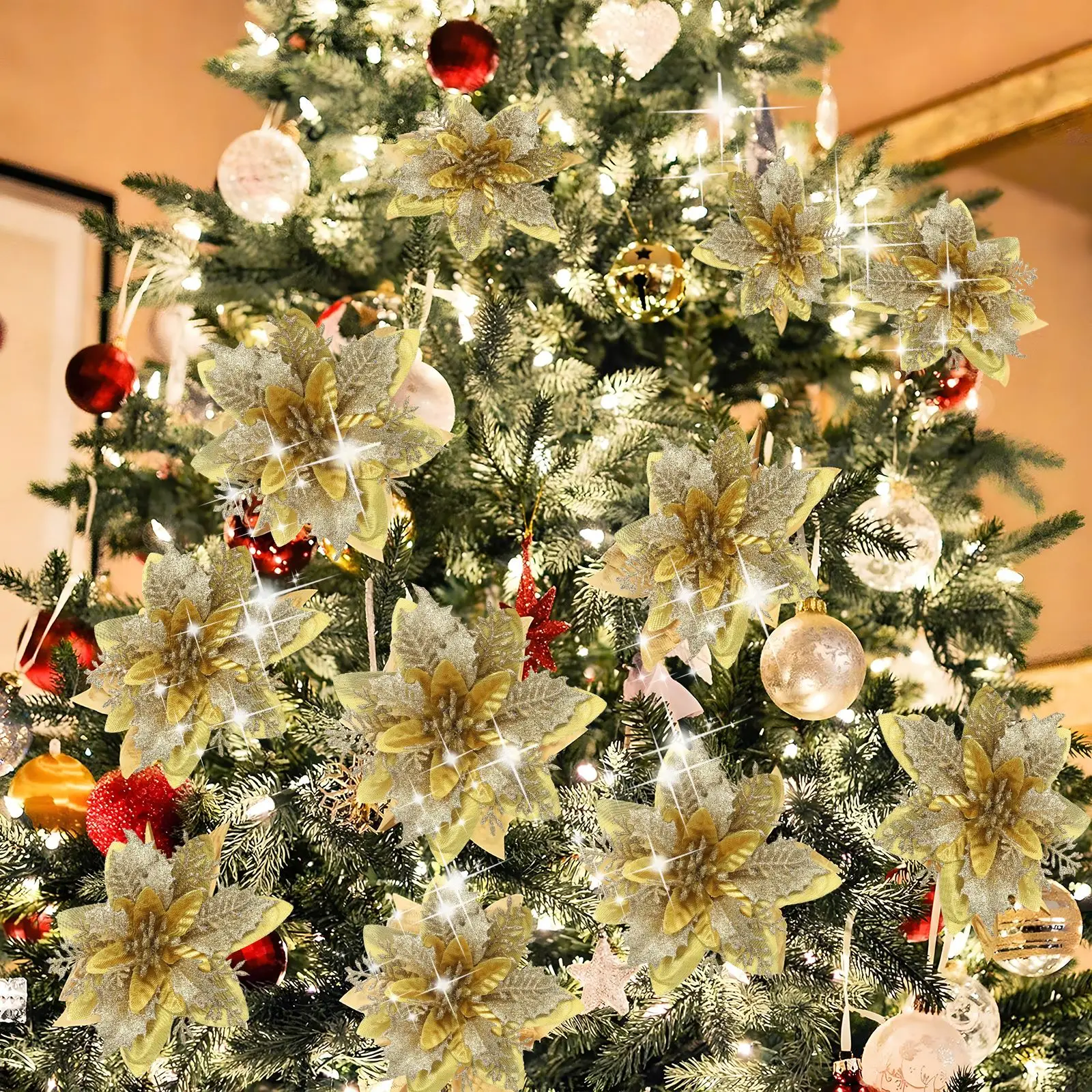 5PcsGoldenRedArtificialChristmasFlowersXmasTreeOrnament