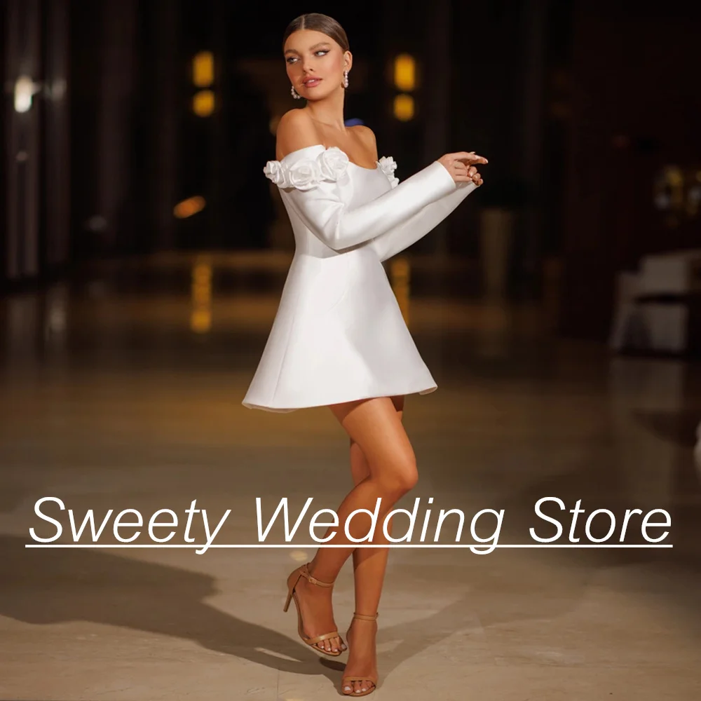 Sexy Long Sleeves Cocktail Wedding Dress Little White Dresses Flowers Above Knee Mini Bridal Gown Custom Size Robe De Mariee 3