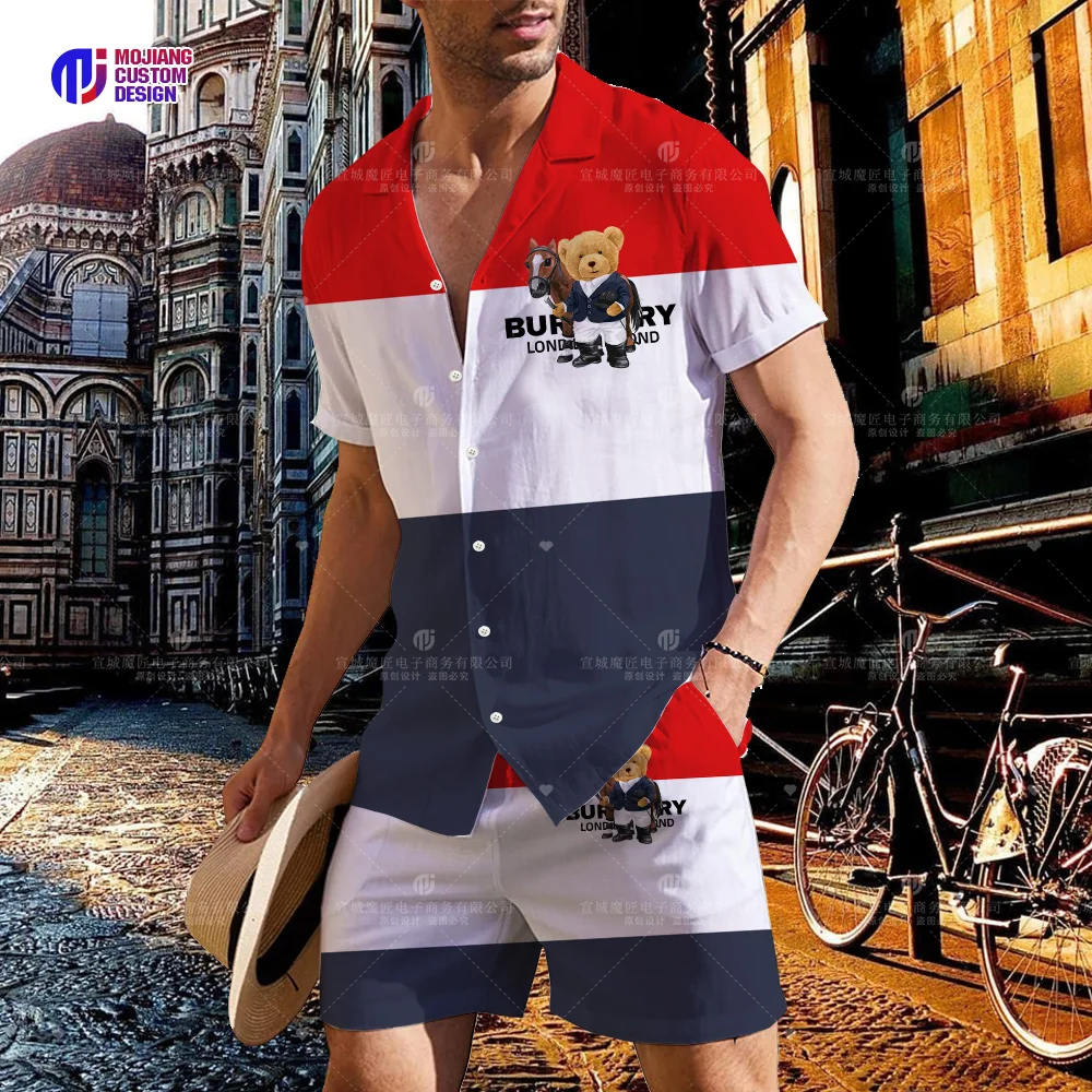 Summer Colorblock Lapel Shirt and Shorts Set Luxury Brand Short Sleeve Men's Bear Print Top 2pcs Set