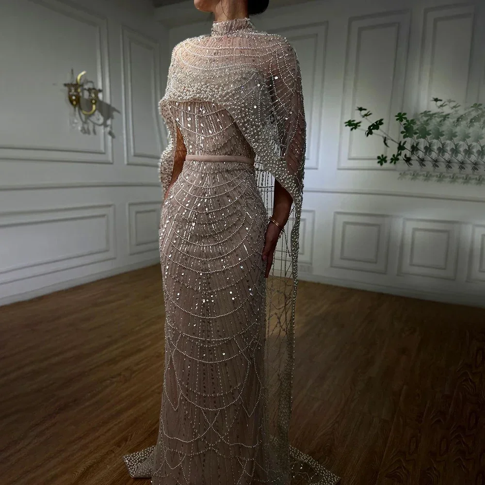 Evening Dresses Arabia Nude Mermaid Long Cape Luxury Evening Dresses for Formal Occasion