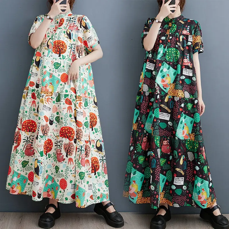 

Lady 2023 Korean Casual Clothing Summer New Large Size Loose And Slim Fashion Short Sleeve Printed Mid Length Shirt Dress C013